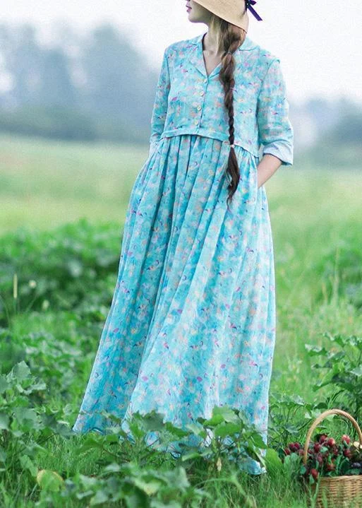 Italian Blue Print Clothes Notched Cinched Maxi Summer Dresses Women