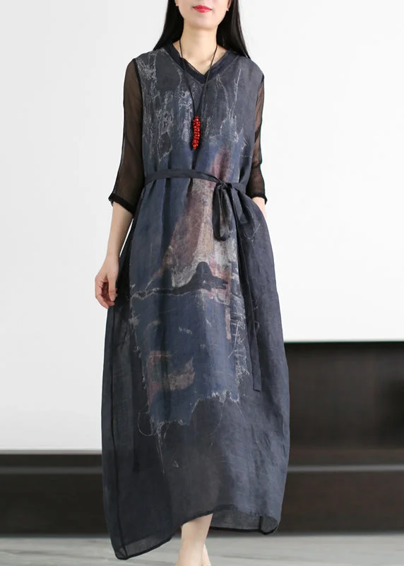 Italian Dark Blue V Neck Tie Waist Patchwork Linen Long Dresses Half Sleeve Hip Women's Retro