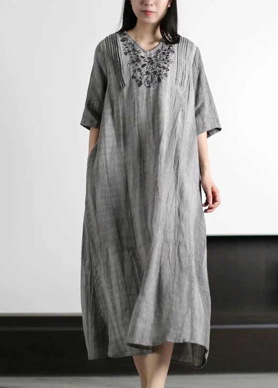 Italian Grey V Neck Embroideried Wrinkled Linen Long Dresses Half Sleeve Earthy Women's Hemp - based