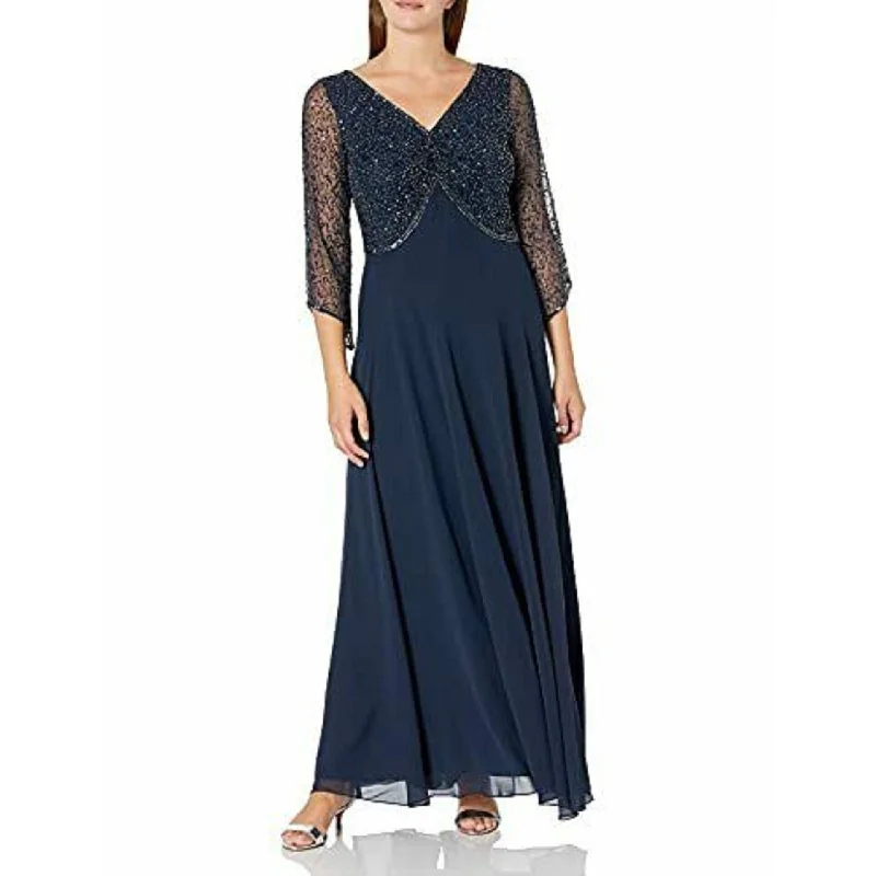 J Kara Women's Embellished 3/4-Sleeve Gown Blue Size 8