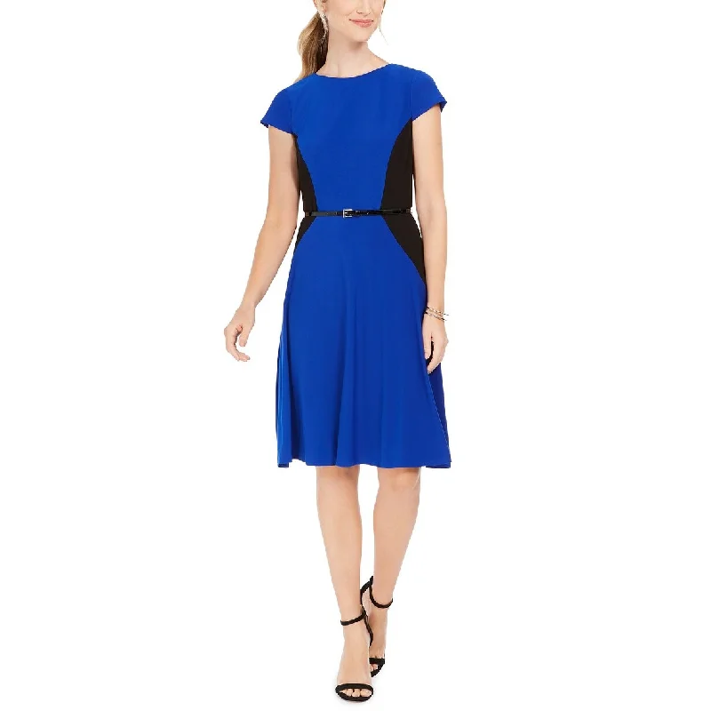 Jessica Howard Women's Belted Colorblocked Fit & Flare Dress Blue Size 16