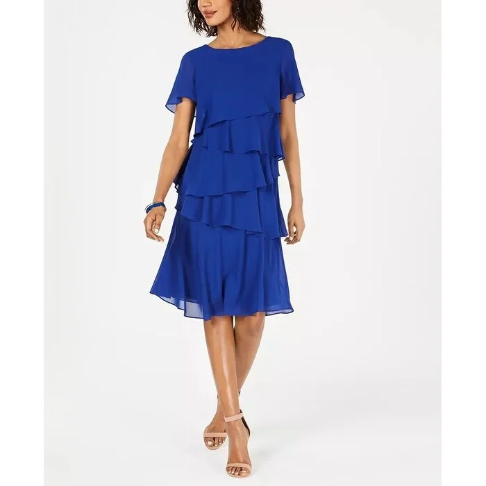 Jessica Howard Women's Petite Tiered-Chiffon Dress Bright Blue Size 8 P - 8P