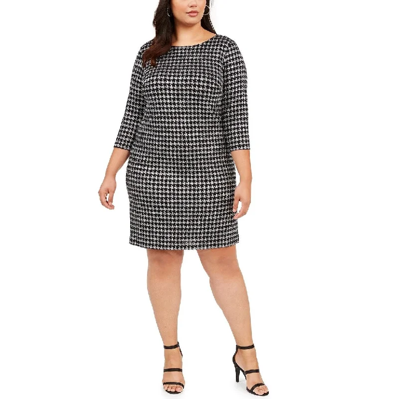 Jessica Howard Women's Plus Houndstooth Sparkle Shift Dress Silver Size 22W