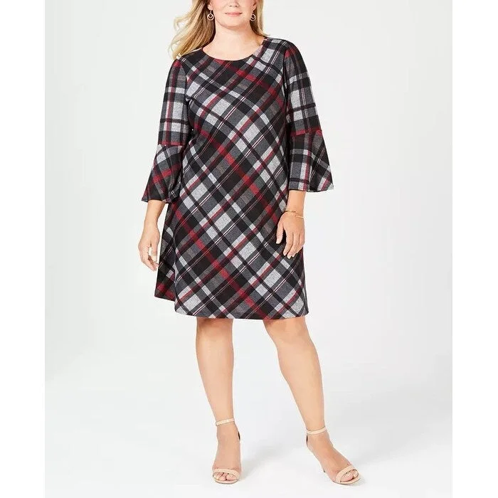 Jessica Howard Women's Plus Plaid Bell Sleeve Dress Charcoal Size 1X