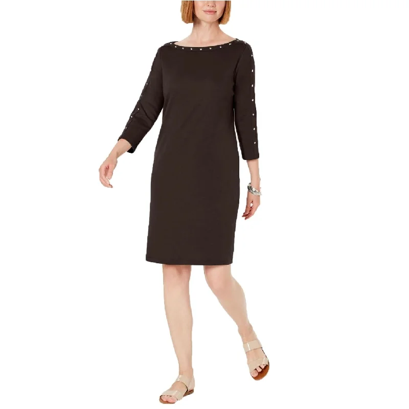 Karen Scott Women's Sport Cotton Studded 3/4-Sleeve Shift Dress Black Size Small