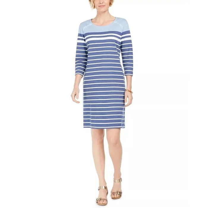 Karen Scott Women's Sport Striped Grommet-Shoulder Shift Dress Blue Size Medium