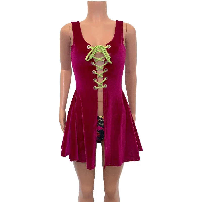 Lace-Up Open-Front Dress - Fuchsia Pink Velvet