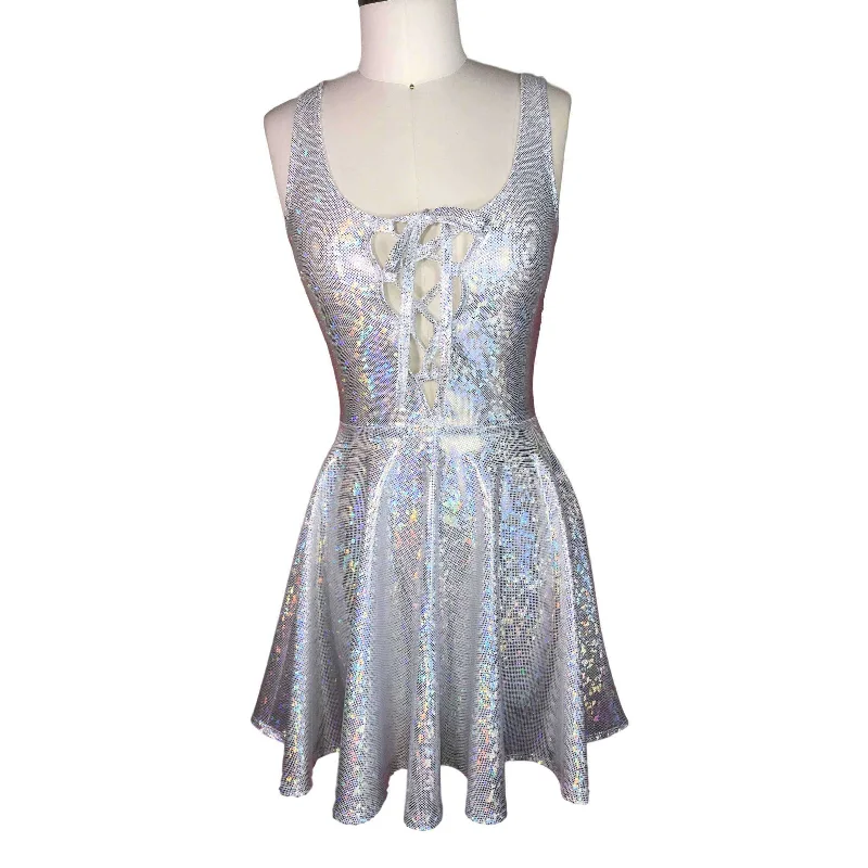 SALE - Lace-Up Silver Holographic Skater fit n flare Dress