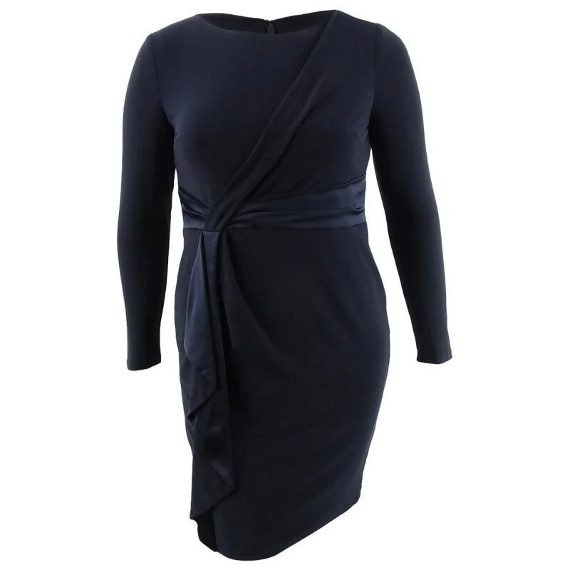 Lauren Ralph Lauren Women's Petite Satin-Trim Long-Sleeve Jersey Dress Navy Size 12