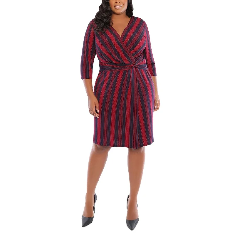 London Times Women's Plus Size Striped Side-Twist Dress Navy Size PS - Small-Petite