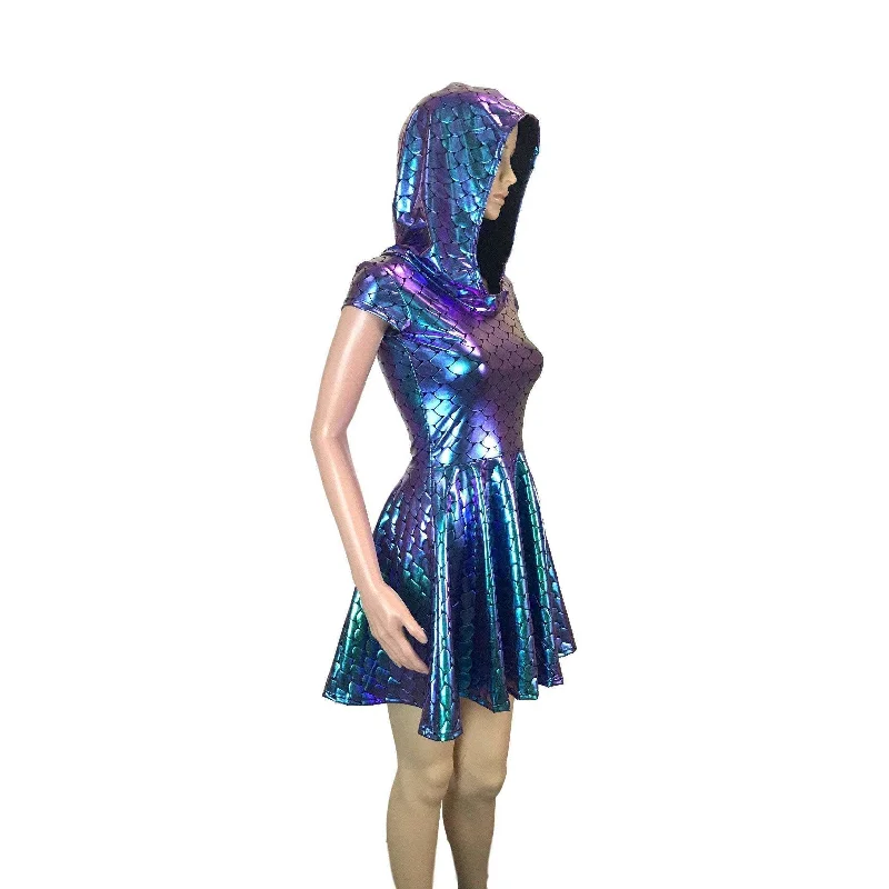 Mermaid Scales Holographic Cap Sleeve Hoodie Skater Dress