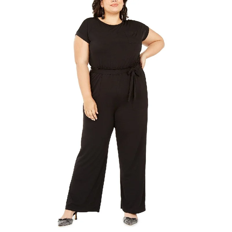 Monteau Trendy Women's Plus Size Belted Paperbag-Waist Jumpsuit Black Size Extra Large