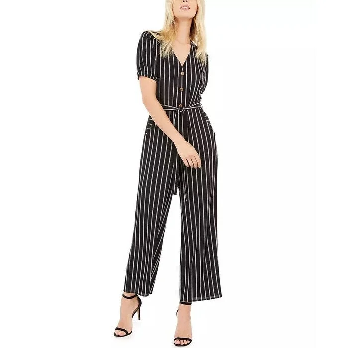 Monteau Women's Petite Button Front Striped Jumpsuit Black Size X-Large