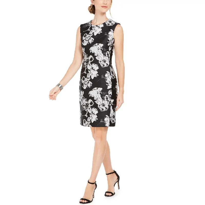 N Natori Women's Floral-Print Jacquard Sheath Dress Black Size 10