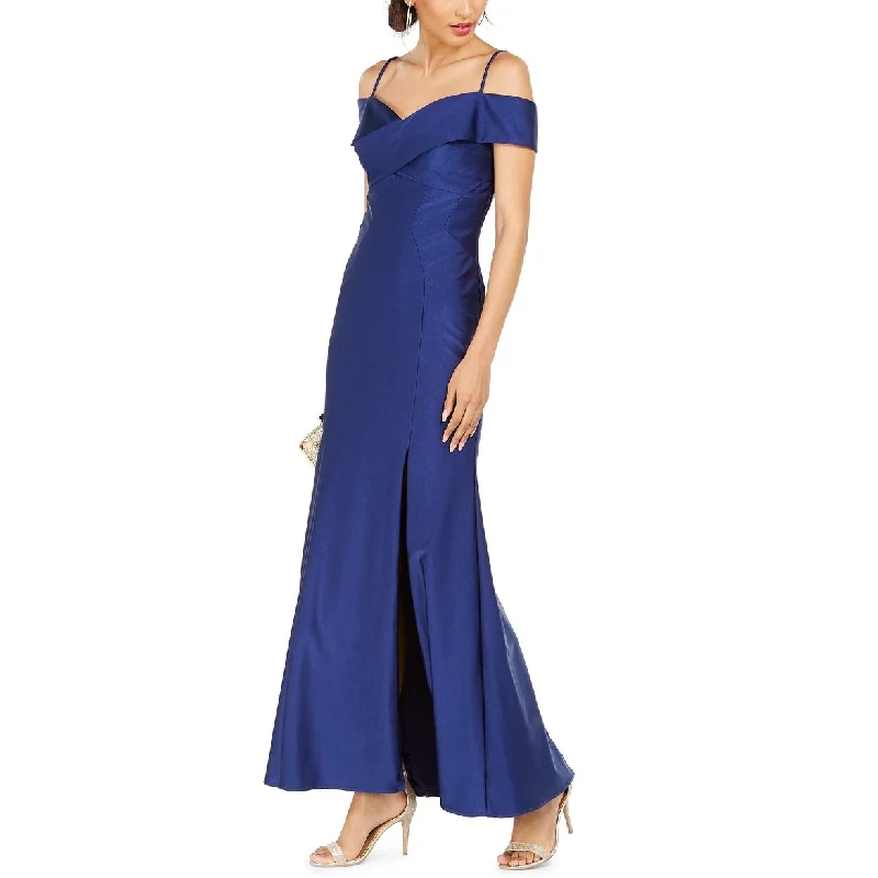 Nightway Women's Off-The-Shoulder Sateen Slit Gown Blue Size 14