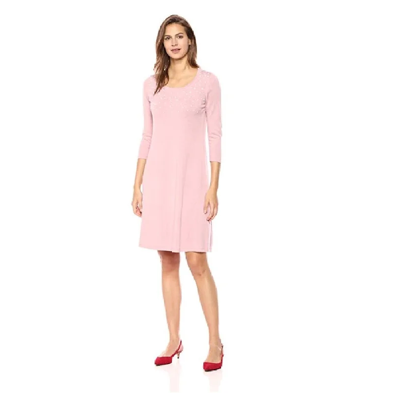 Nine West Women's 3/4 Sleeve Sweater Dress with Pearl Details Size Extra Large - Pink - X-Large