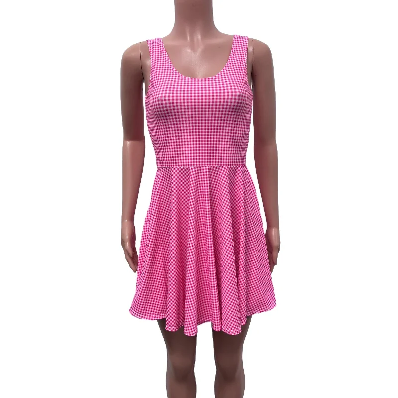 Pink Plaid Gingham Barbie Skater Dress | Pink Checkered Spandex Dress