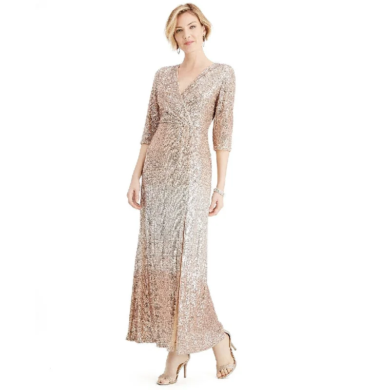 R & M Richards Women's Petite Sequined Gown Beige Size 14P