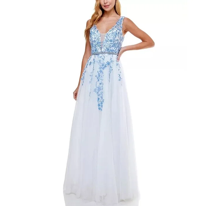 Say Yes To The Prom Junior's Embellished Embroidered Gown Medium Blue Size 5