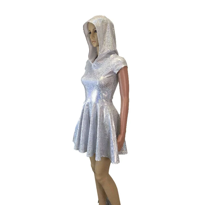 Hooded Skater Dress - Silver on White Holographic Fit n Flare Dress