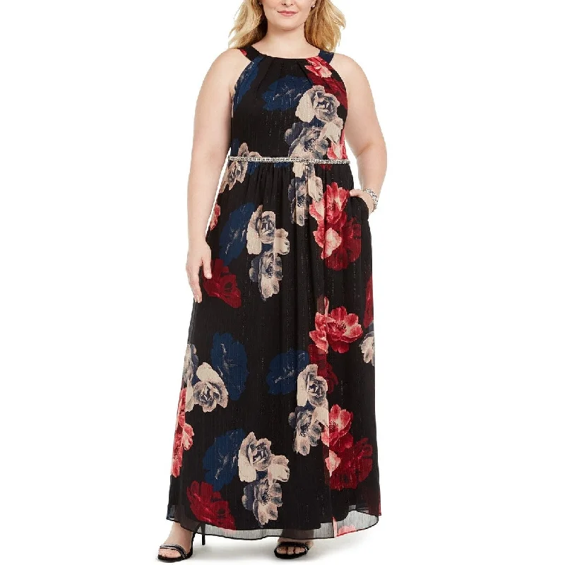 Sl Fashions Women's Plus Size Printed Bead-Waist Maxi Dress Black Size 18