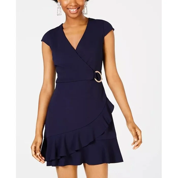 Speechless Junior's Ruffle Faux Wrap Dress Dark Blue Size Small