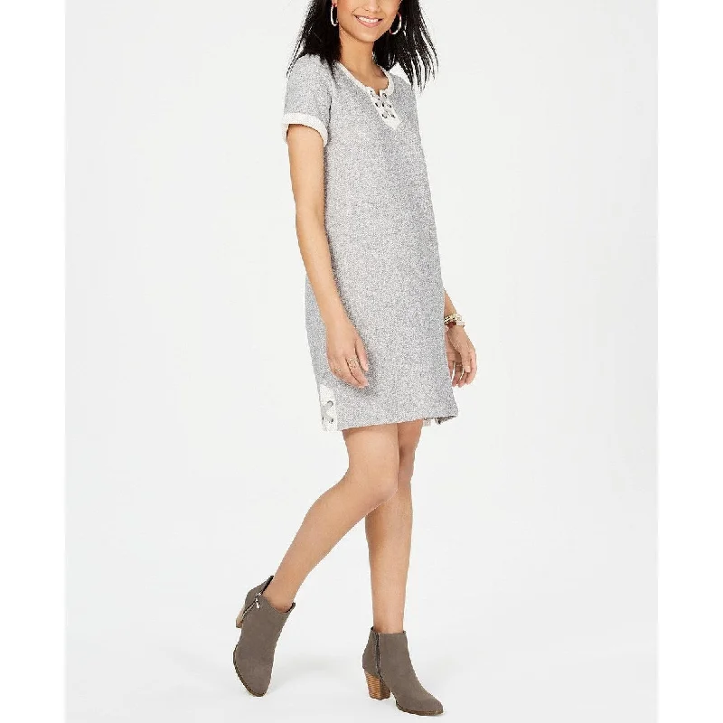 Style & Co Women's Petite Lace-Up T-Shirt Dress Grey Size Small