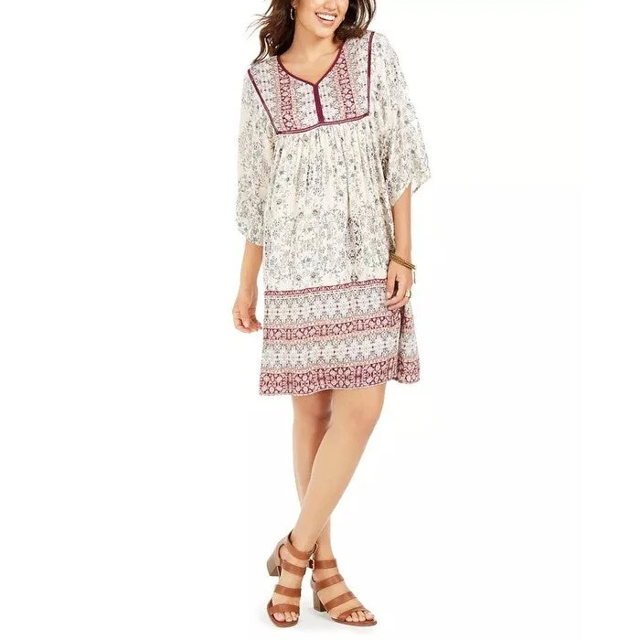 Style & Co Women's Printed Elbow-Sleeve Peasant Dress Beige Size Large