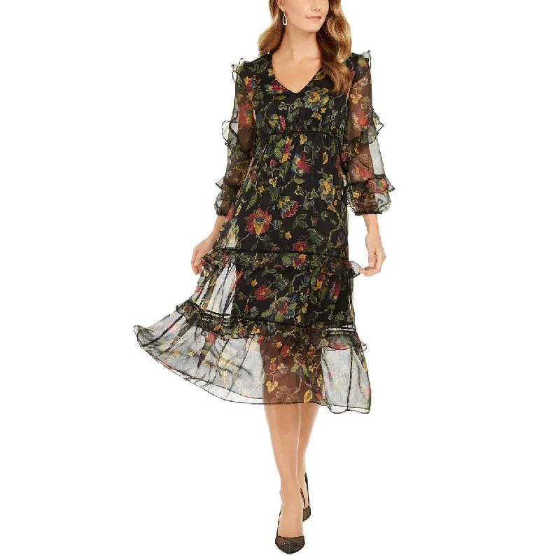 Taylor Women's Floral Print Chiffon Midi Dress Black Size 10