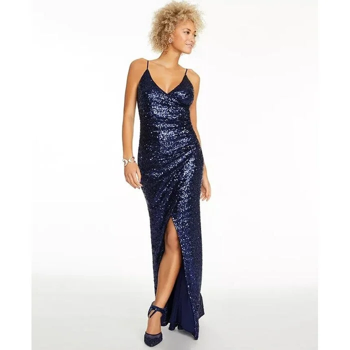 Trixxi Juniors' Ruched Sequined Gown Navy Size 3