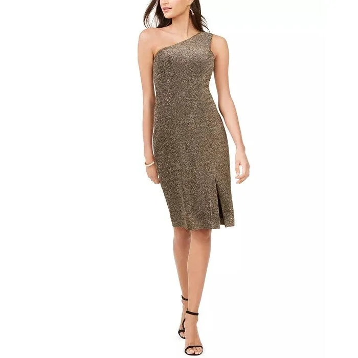 Vince Camuto Women's One Shoulder Glitter Knit Dress Gold Size 14