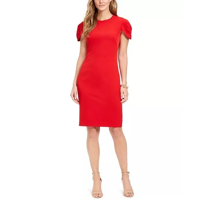 Vince Camuto Women's Pleat Cap Sleeve Crepe Sheath Dress Red Size 6