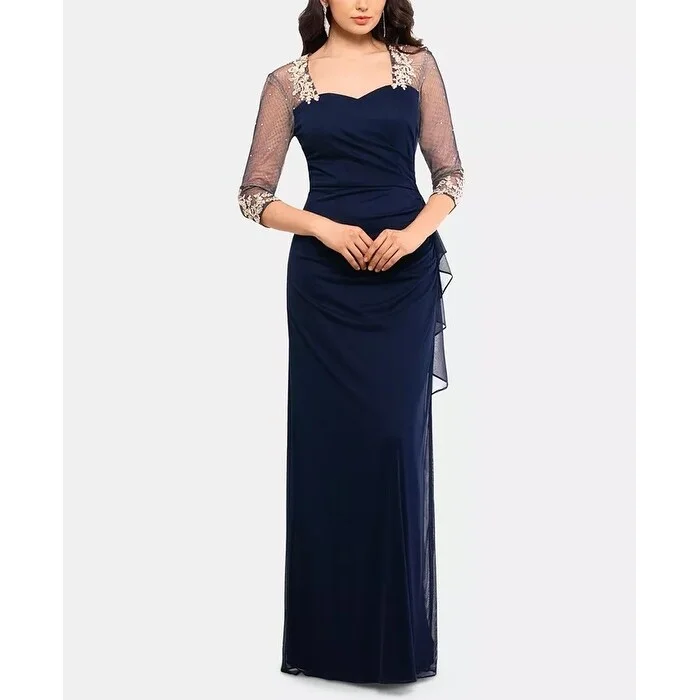 XSCAPE Women's Embellished Illusion Gown Dark Blue Size 10 Petite - 10 Petite