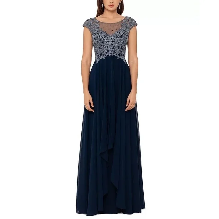 XSCAPE Women's Embroidered Top Chiffon Gown Blue Size 12