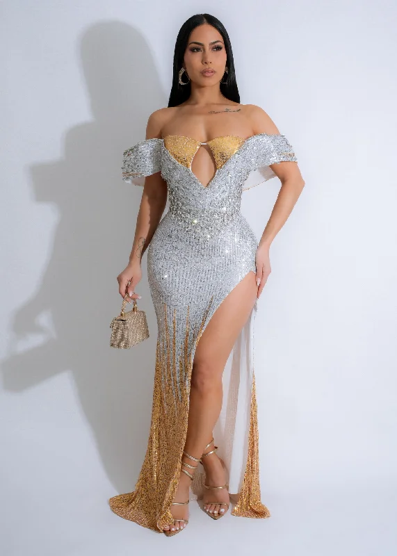 Starlight Symphony Rhinestone Maxi Dress Silver Sporty Women's Athleisure 