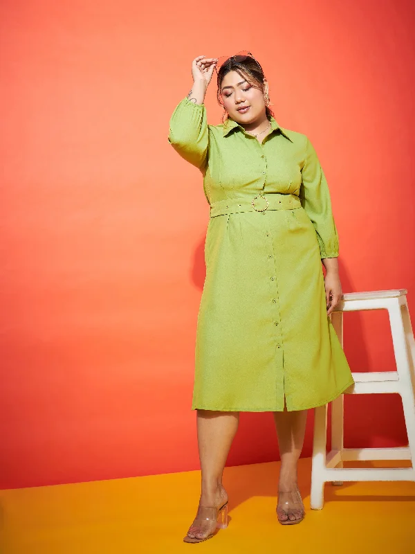 Women Green Front Button Shirt Dress Sophisticated Women's 