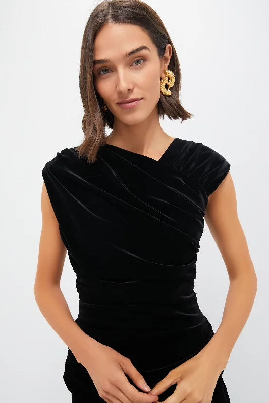 Black Velvet Jersey Ruched Crossover Blouse