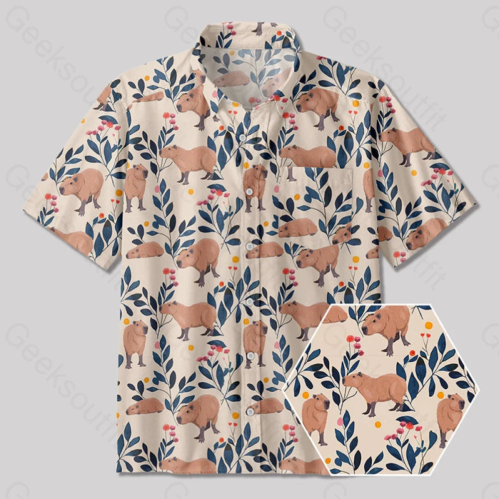 Capybara and Plants Button Up Pocket Shirt