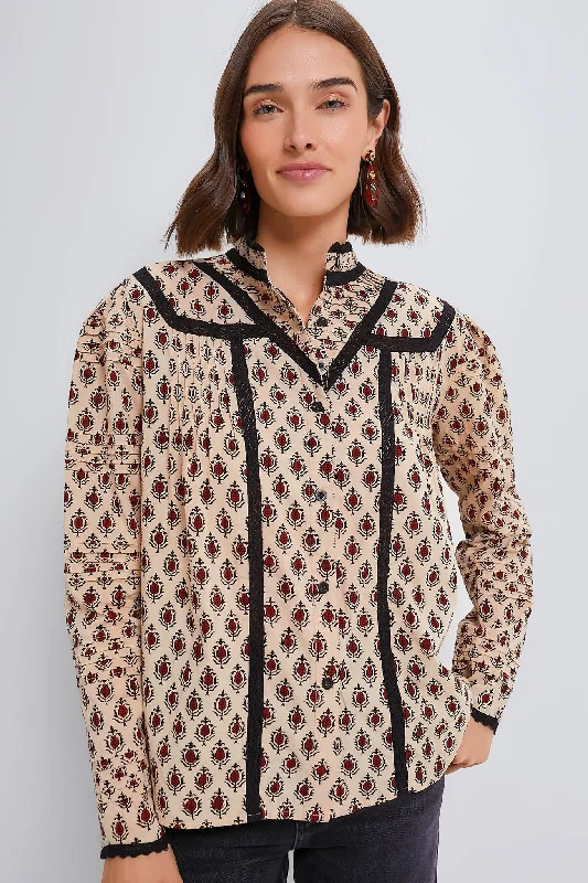 Tan and Burgundy Block Print Priya Shirt