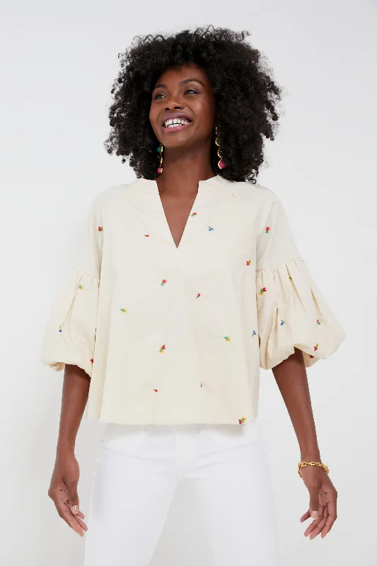 Tan Embroidered Blooms Blouse