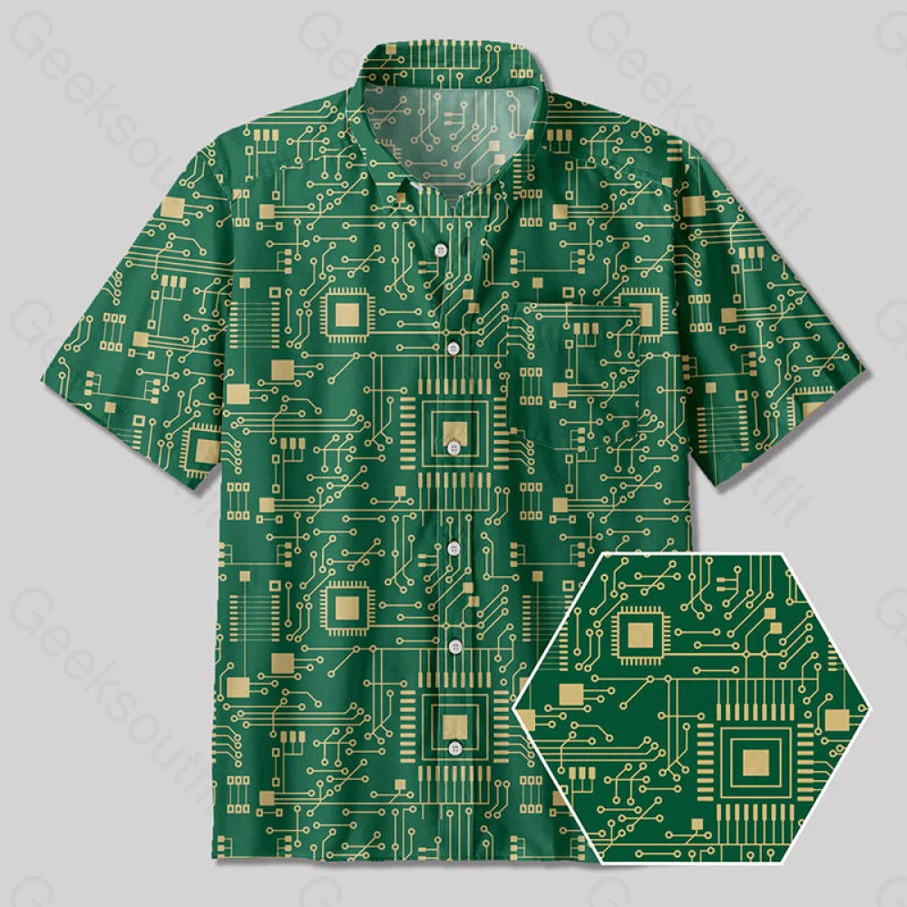 Technology Sense Circuit Board Button Up Pocket Shirt