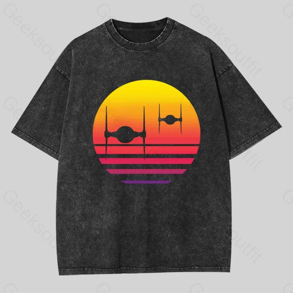 Tie Fighter Sunset Geek Washed T-shirt