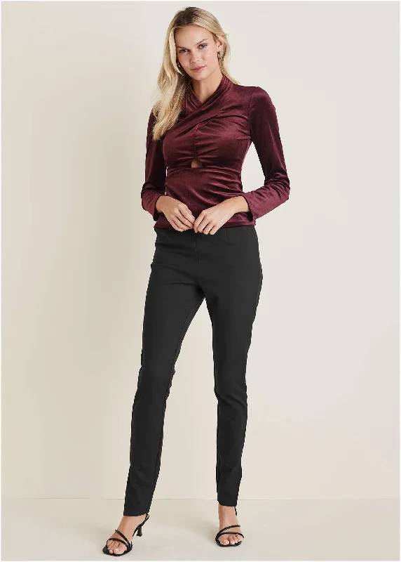 Velvet Twist Front Blouse - Wine